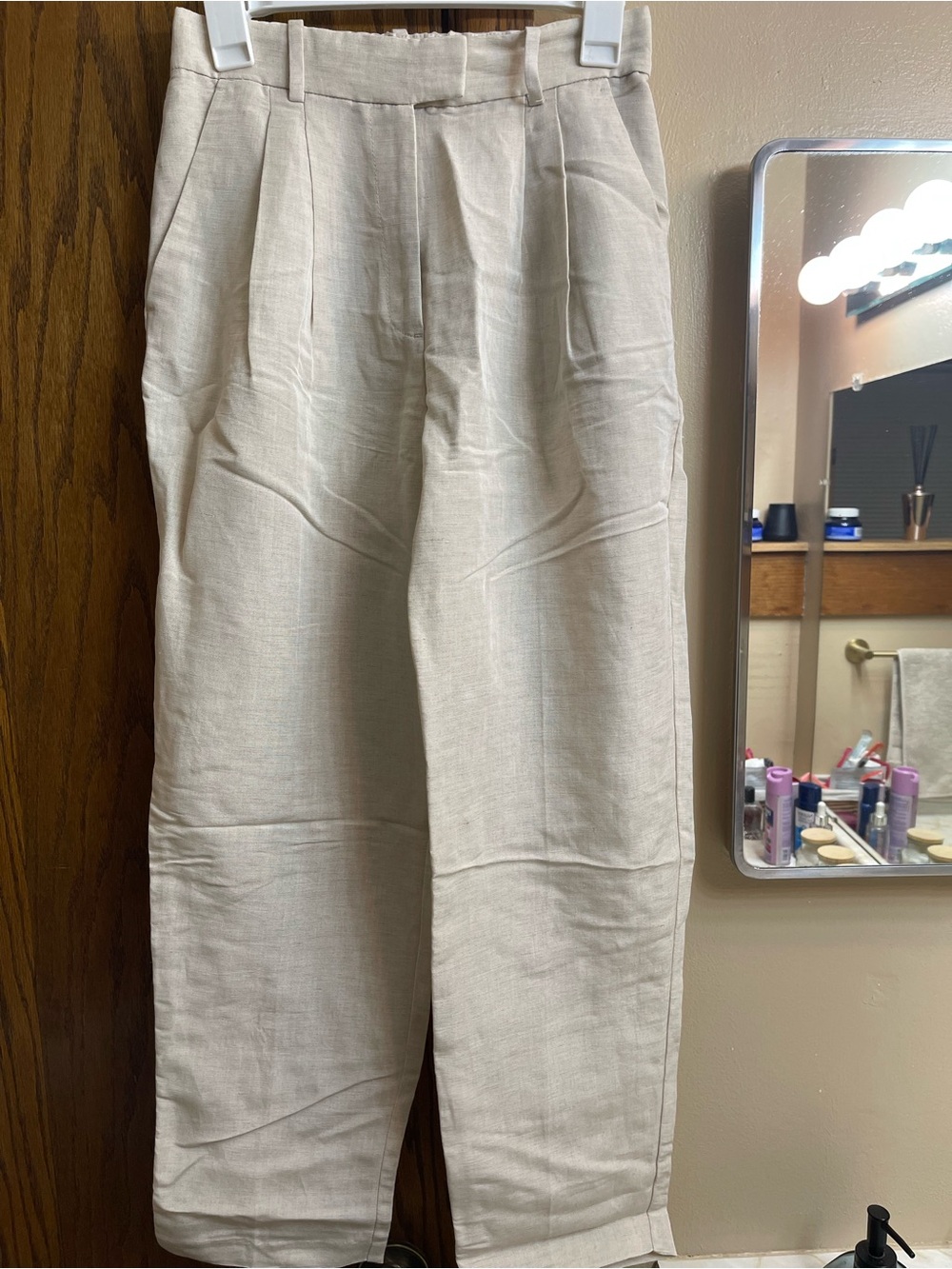 H&M High-Waist Straight-Leg Linen Blend Pants in Light Beige